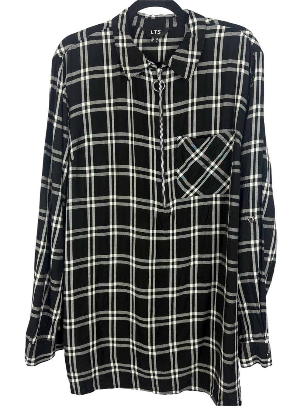 Long Tall Sally Black & White Plaid O-Ring Zip Tunic Top Viscose Size 14 / XL